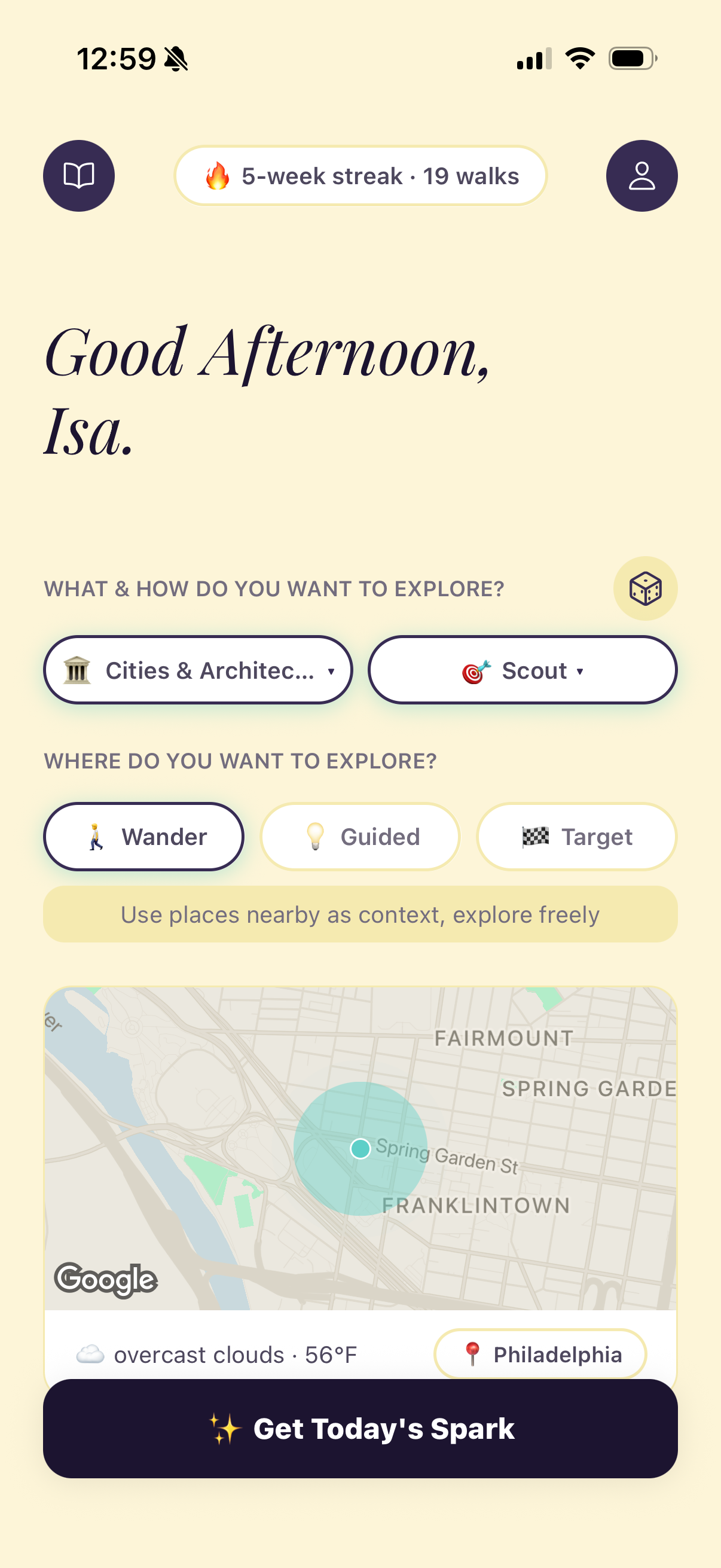 Journey Sparks home screen with topic and mode selectors