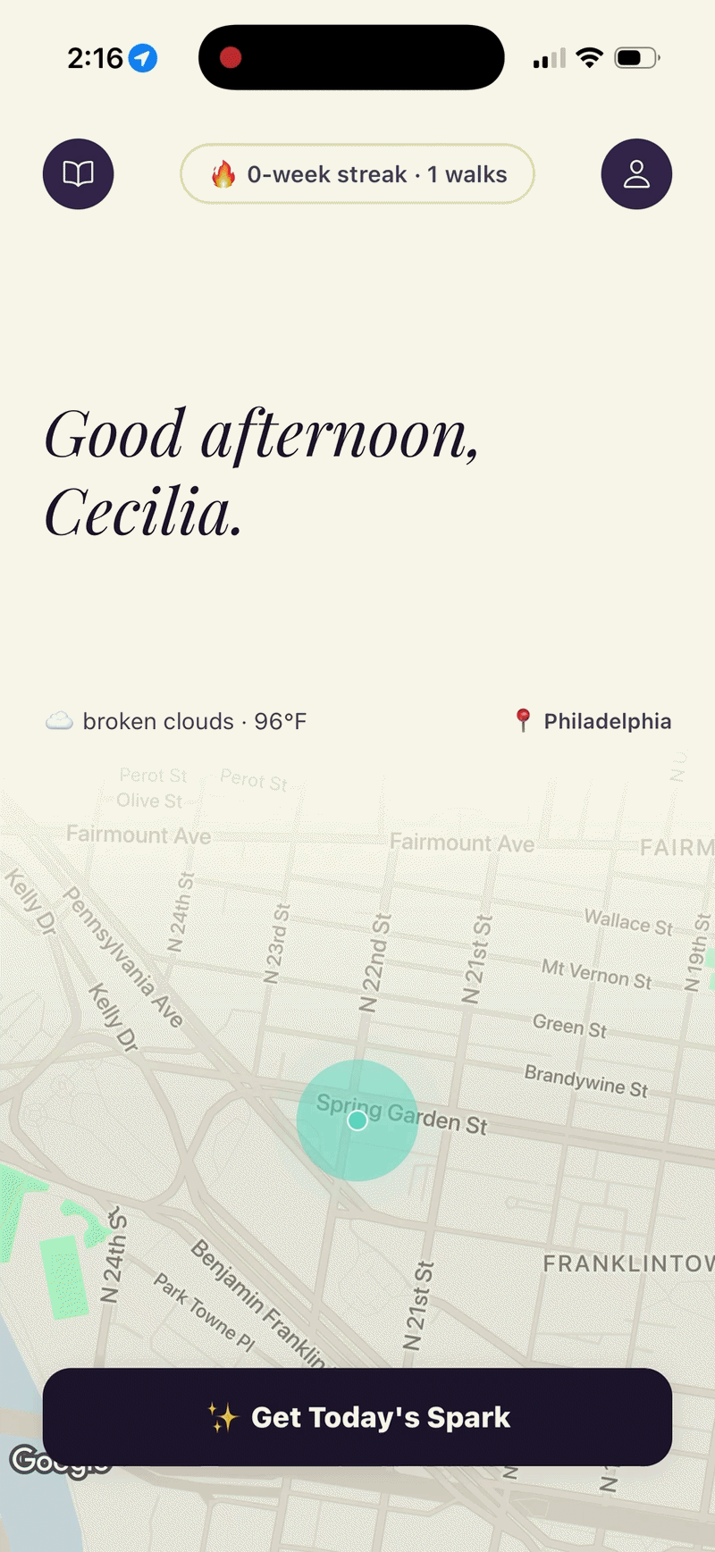 Journey Sparks home screen with topic and mode selectors